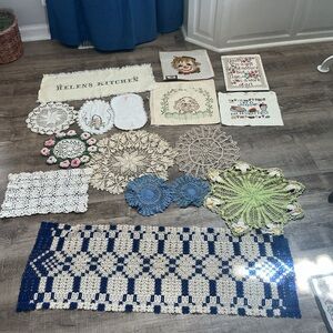 Vintage Mixed Estate Craft Lot Doilies Crochet Lace Completed Cross Stitch